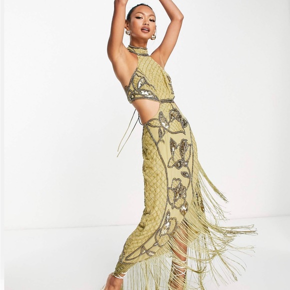 Gorgeous Fringed Detail Mock Neck Mesh Overlay Beaded Formal Dresses & Evening Gowns main image 1